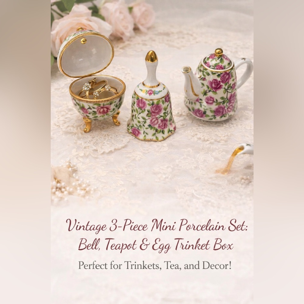 Vintage 🌸 3-Piece Mini Porcelain Set Bell, Teapot Egg Trinket Box Floral Small - Picture 2 of 16
